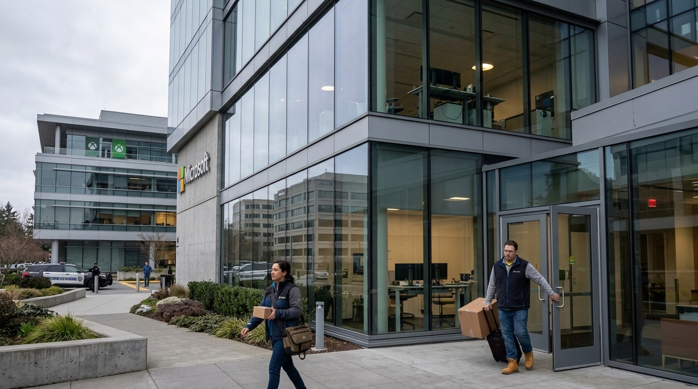 Microsoft logo on an office building, illustrating the Xbox division layoffs.