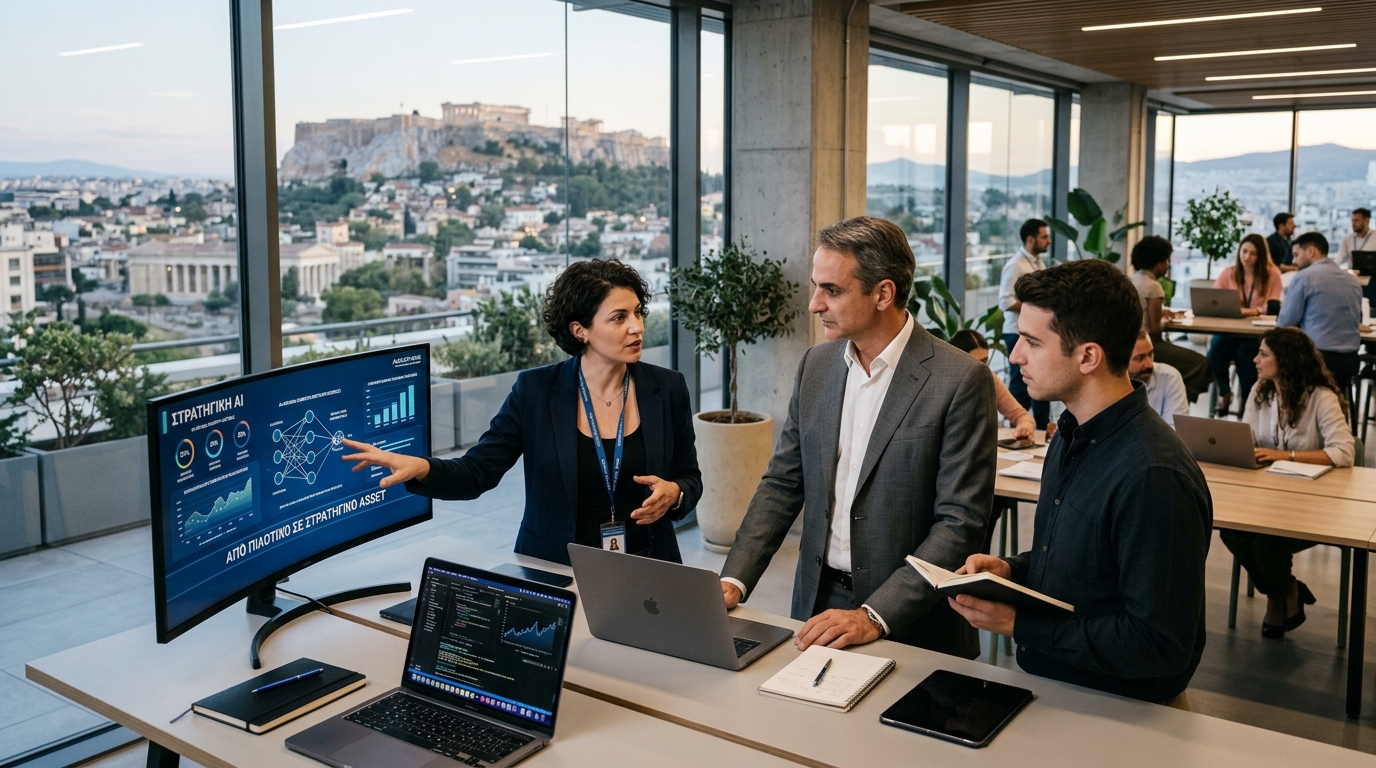 Business professional analyzing data using Enterprise AI tools in a modern office setting.