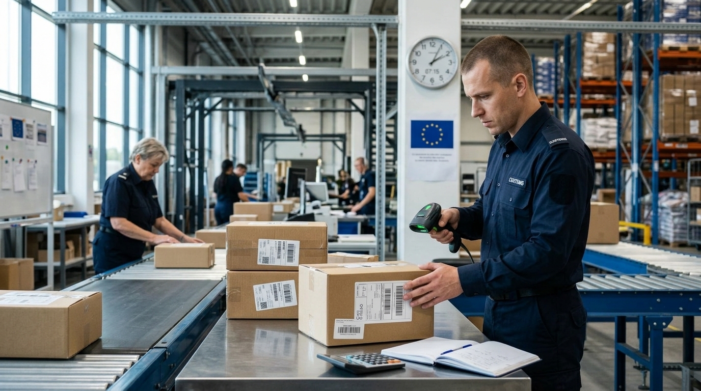 E-commerce packages with EU customs duties labels.