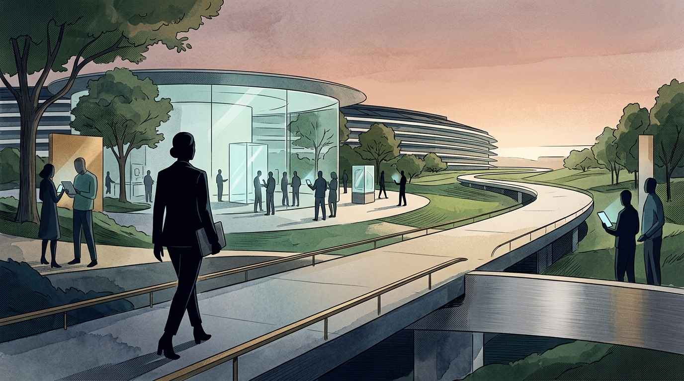 Tim Cook and John Ternus at Apple HQ, representing the transition in Apple leadership and AI strategy.