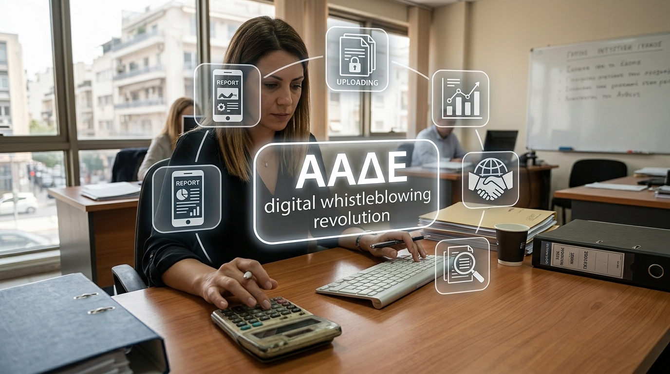 AADE digital platform for reporting tax evasion on a smartphone screen.