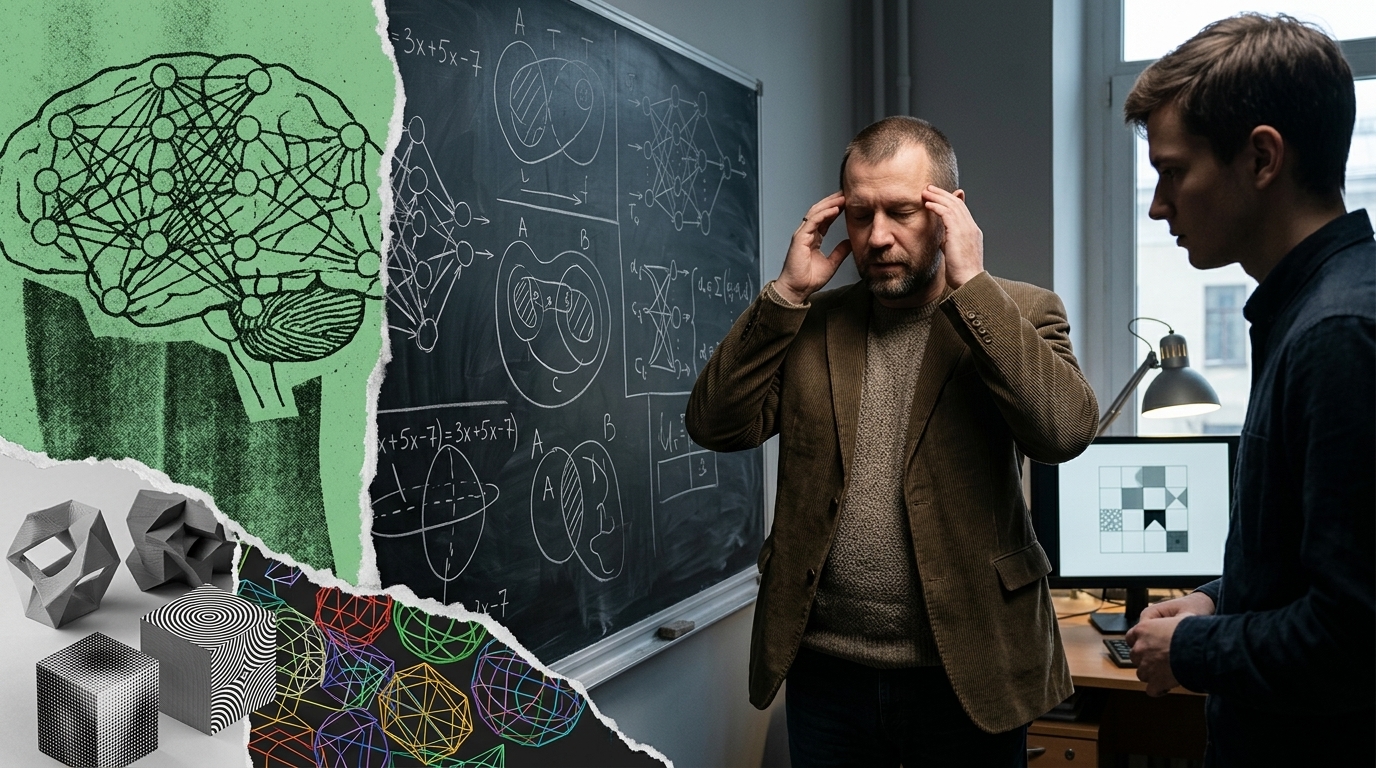 Abstract visualization of AI models communicating via mathematical weights and neural network nodes.