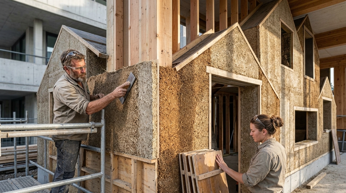 Modern eco-friendly house built using sustainable hempcrete blocks.