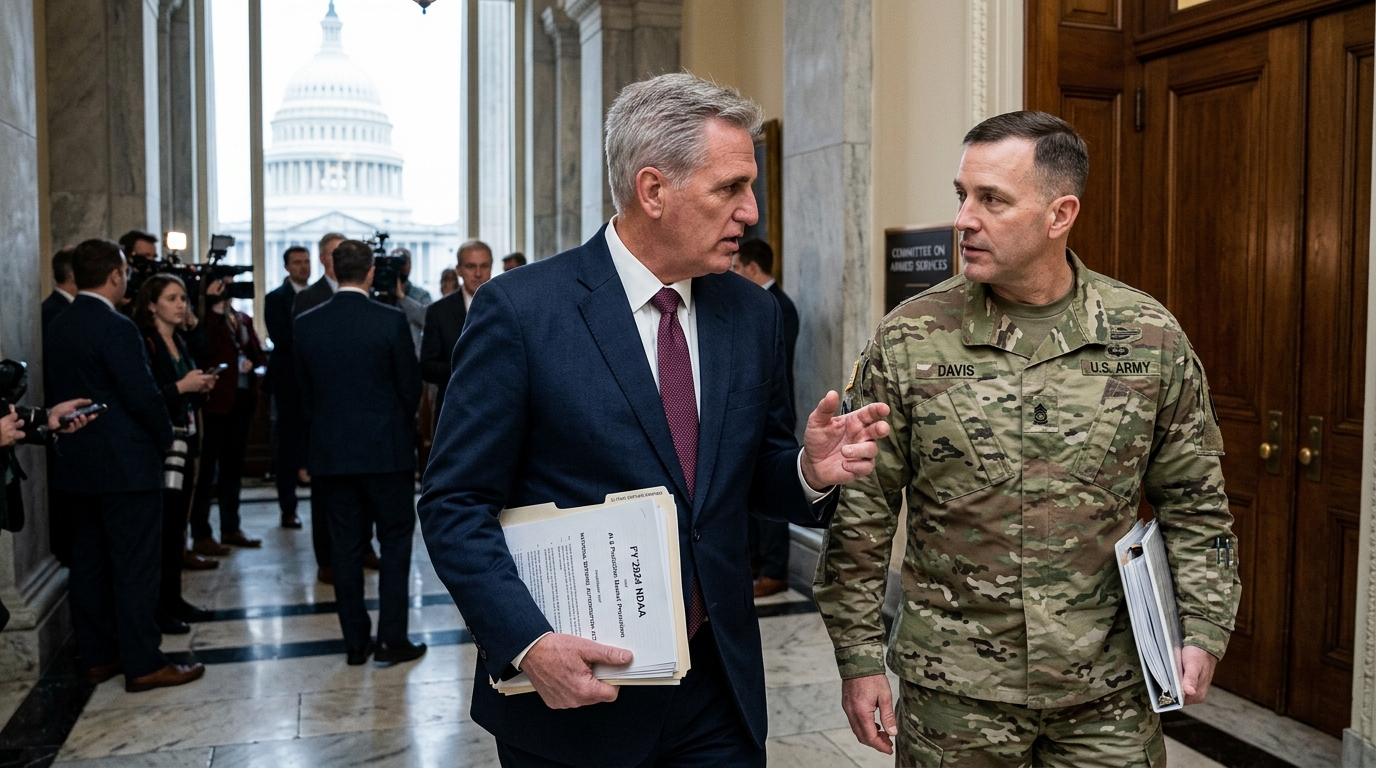 Digital representation of Artificial Intelligence in national defense and the US NDAA budget.