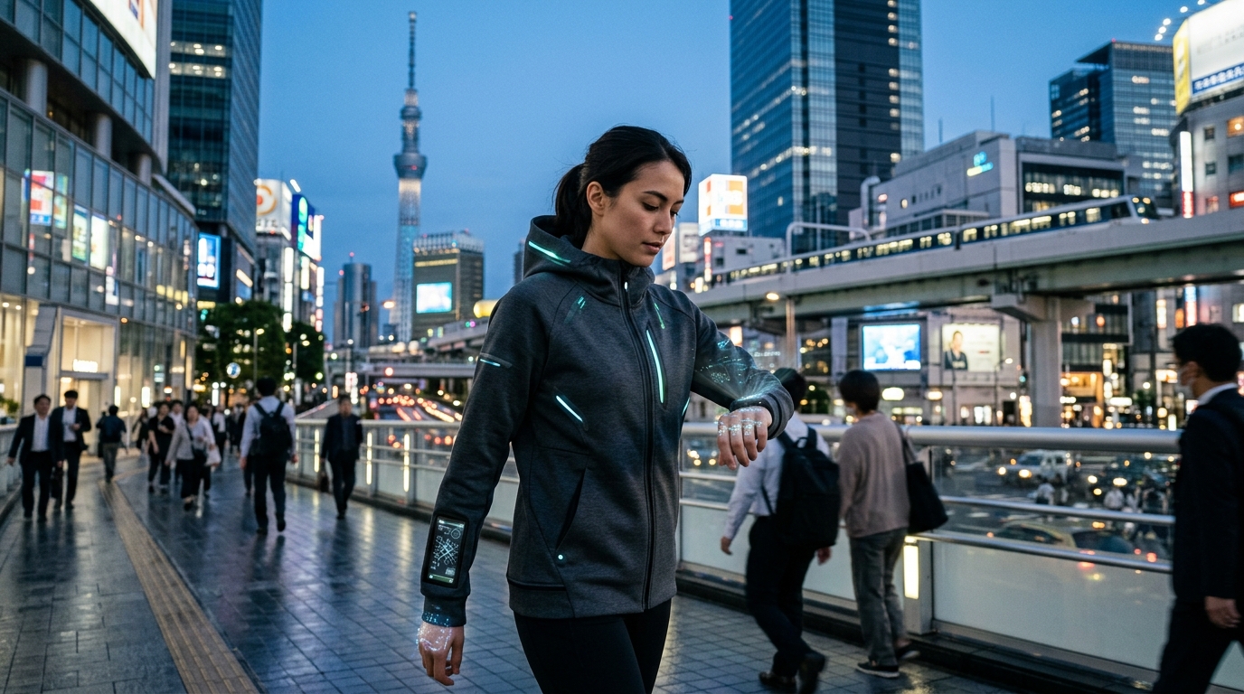 Futuristic AI hoodie with integrated sensors for smart apparel and pedestrian safety.