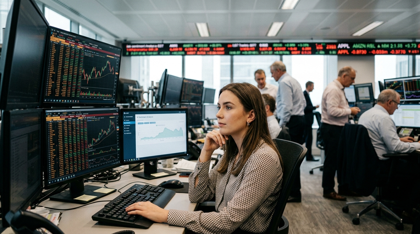 Gen Z professional using AI tools in a modern corporate office
