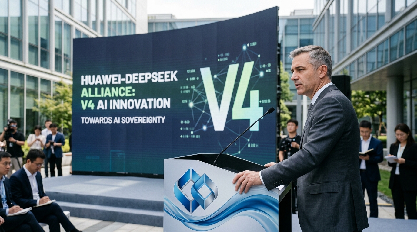Τσιπ Huawei Ascend και το λογότυπο DeepSeek V4 για την τεχνητή νοημοσύνη στην Κίνα.