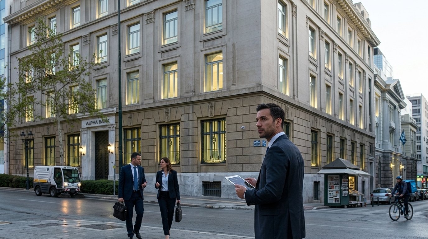 Το κτίριο της Alpha Bank και χρηματιστηριακοί δείκτες.