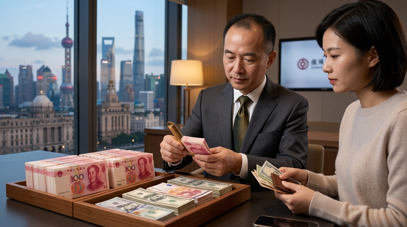 Illustration of Chinese yuan and US dollar symbols representing China's dollar strategy.