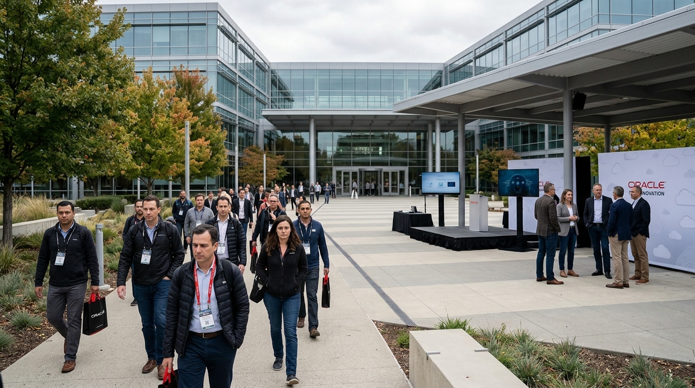 Το λογότυπο της Oracle σε κτίριο γραφείων που συμβολίζει τις απολύσεις λόγω Τεχνητής Νοημοσύνης.