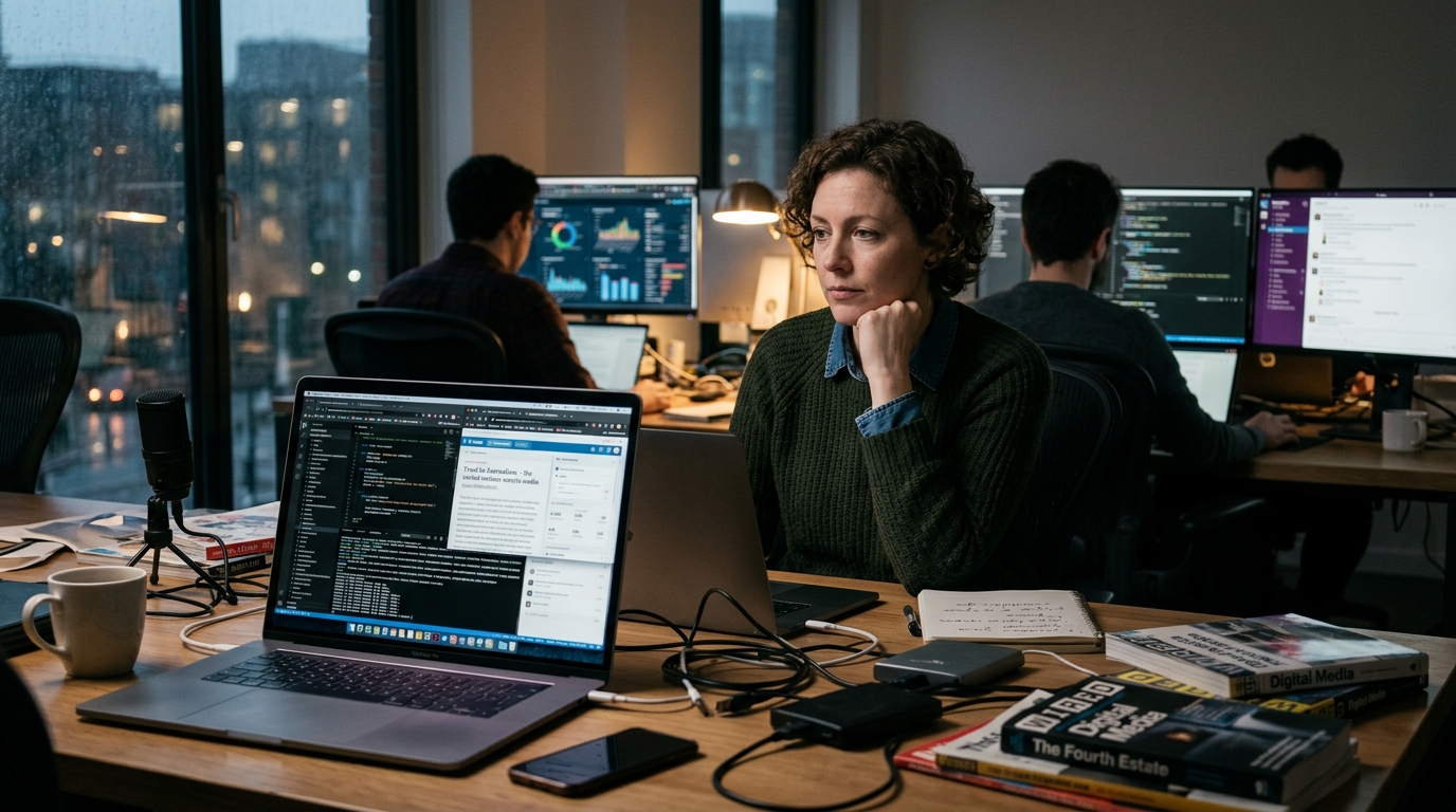 A reporter managing social media platforms and digital news performance.