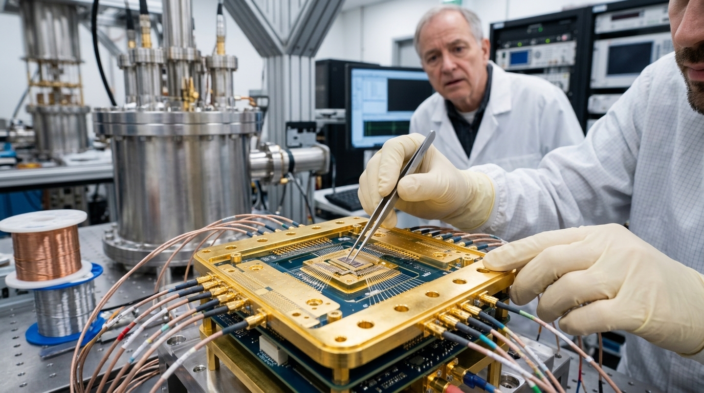 Illustration of a Microsoft quantum processor for quantum computing research.