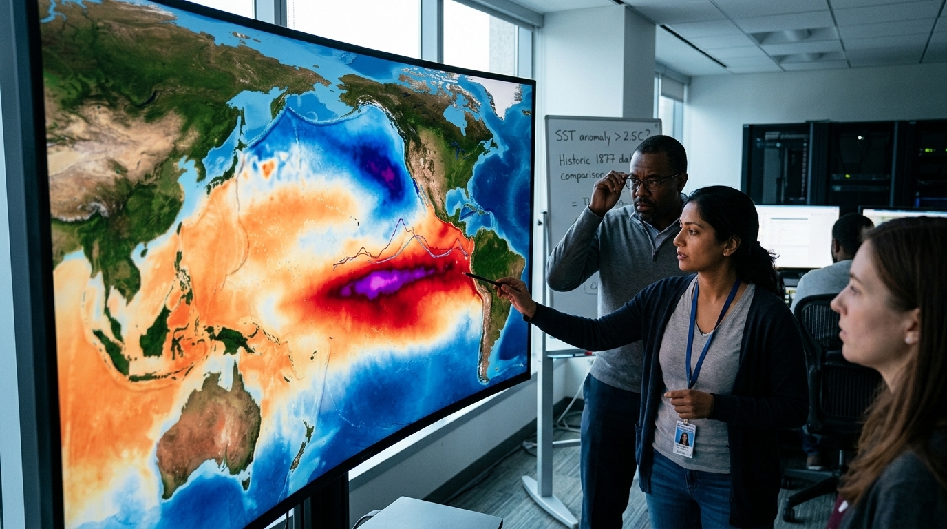 Satellite visualization of a Super El Niño event warming the Pacific Ocean.