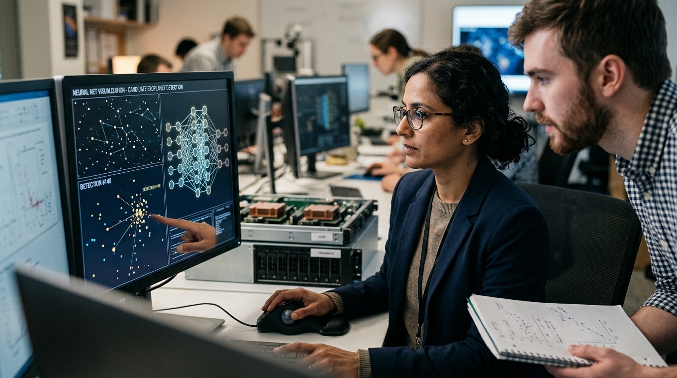AI algorithm identifying exoplanets in NASA space data archives.