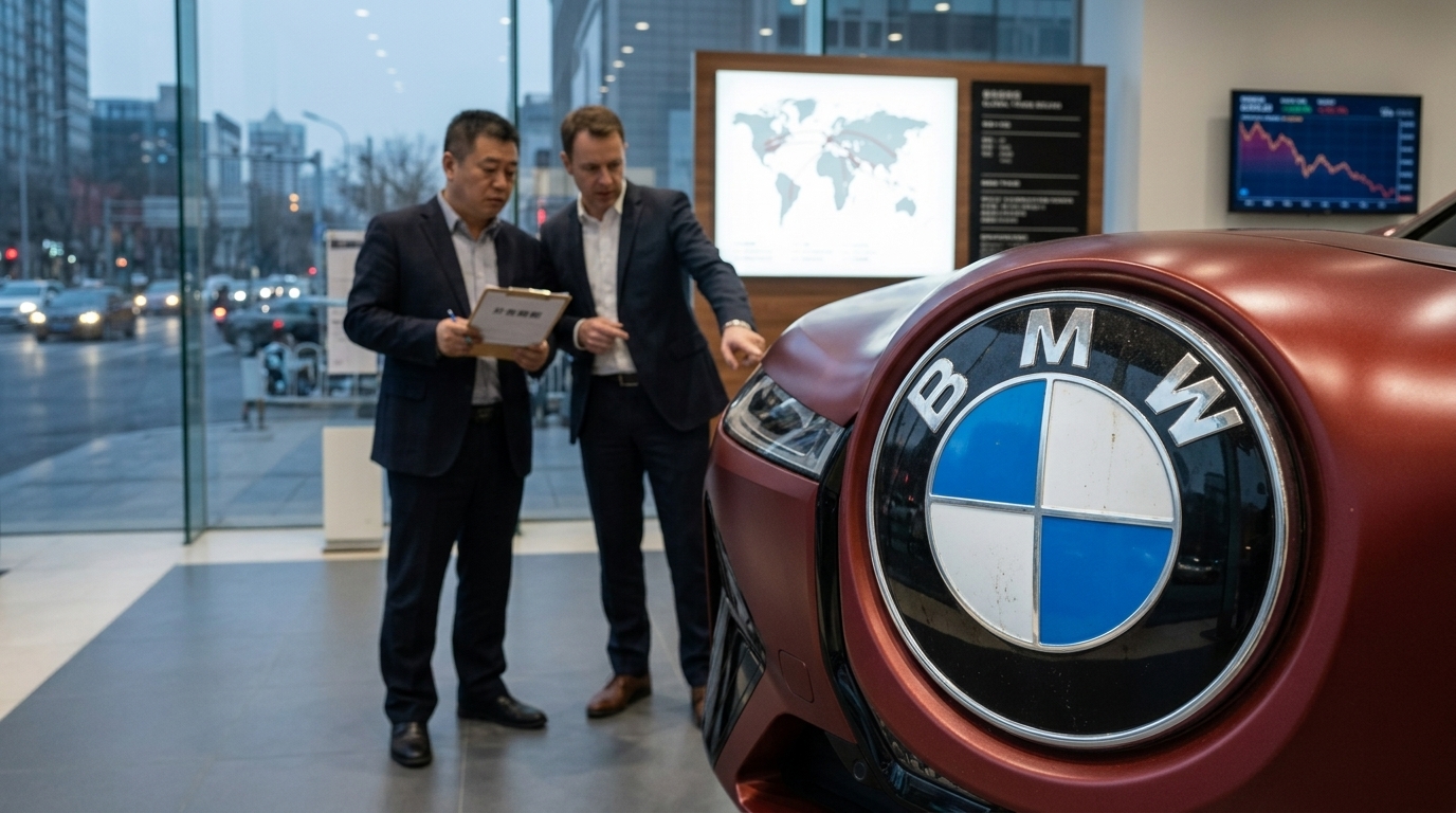 Το λογότυπο της BMW με φόντο οικονομικά διαγράμματα που δείχνουν την κερδοφορία της εταιρείας.