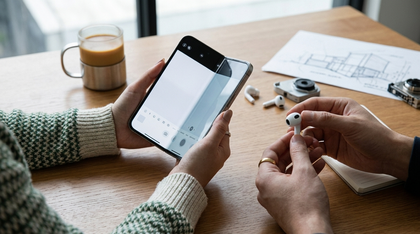 Futuristic AirPods with AI cameras and Apple's foldable iPhone concept for 2027.