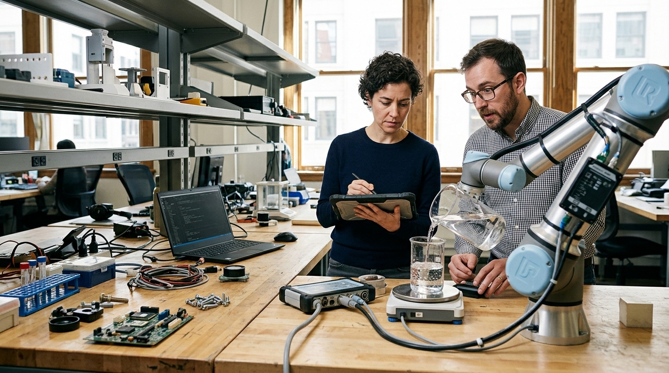 Digital illustration of an AI agent interface connecting to robotic hardware components.
