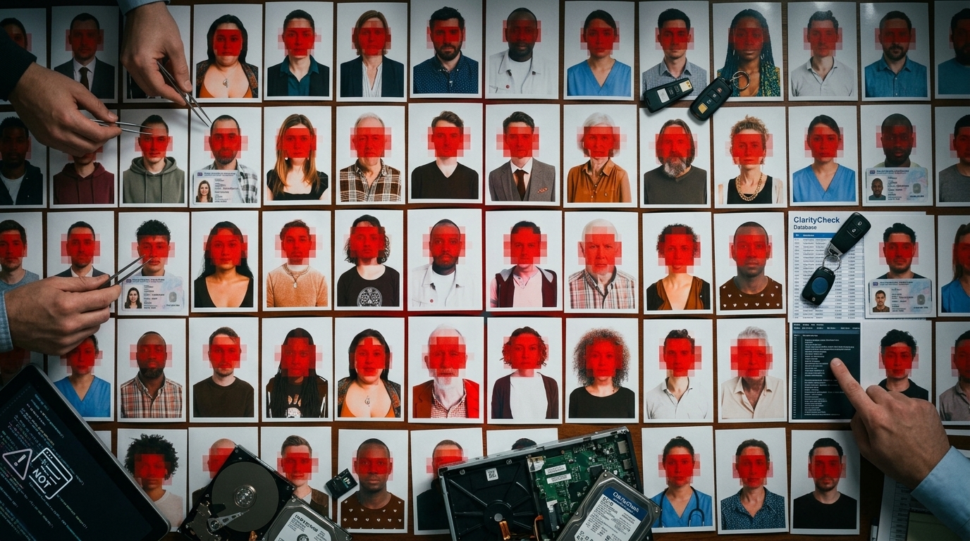 Digital representation of a facial recognition scan highlighting a security breach at ClarityCheck.