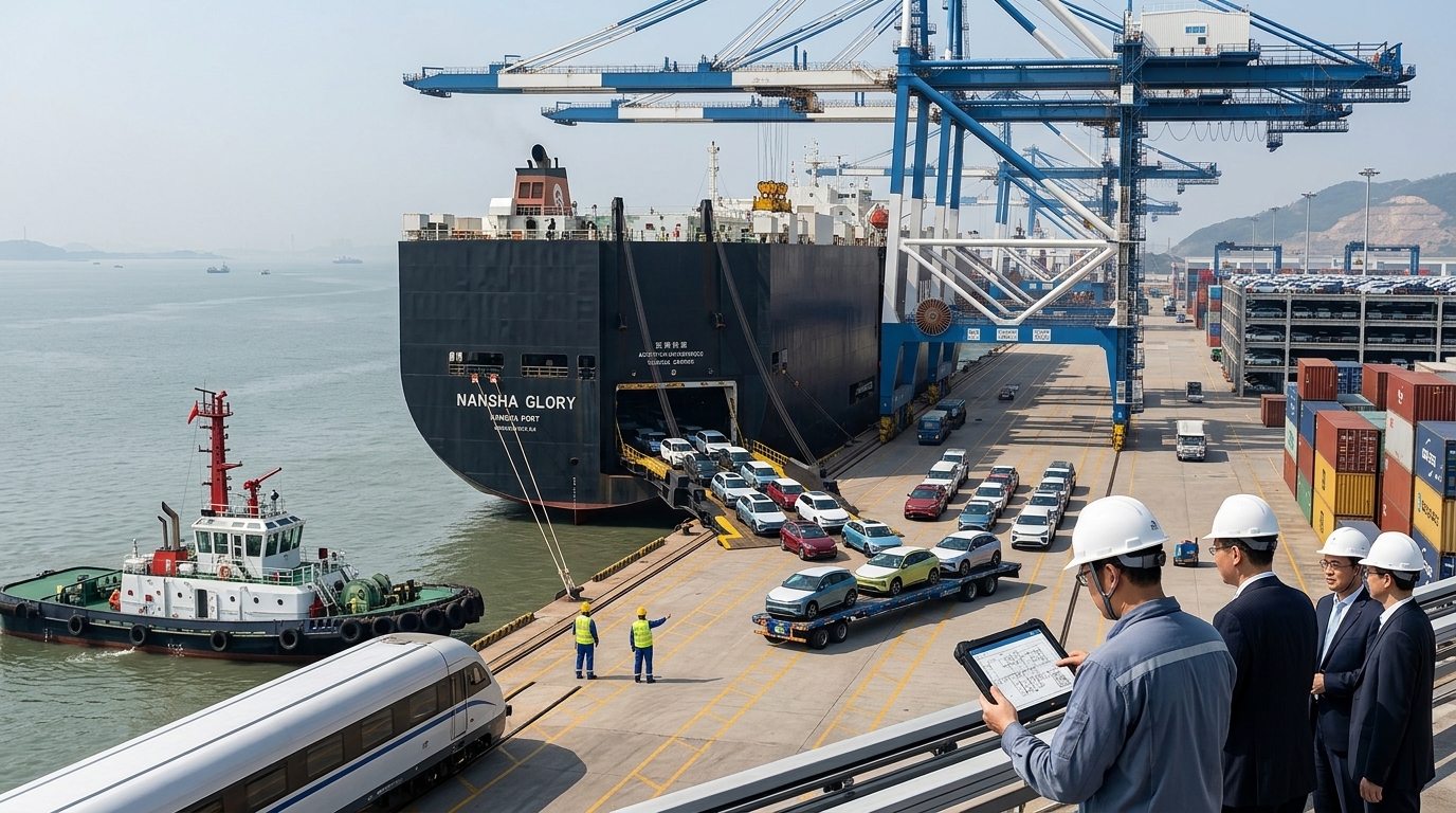 Cargo ships at Nansha Port supporting the Chinese automotive industry.