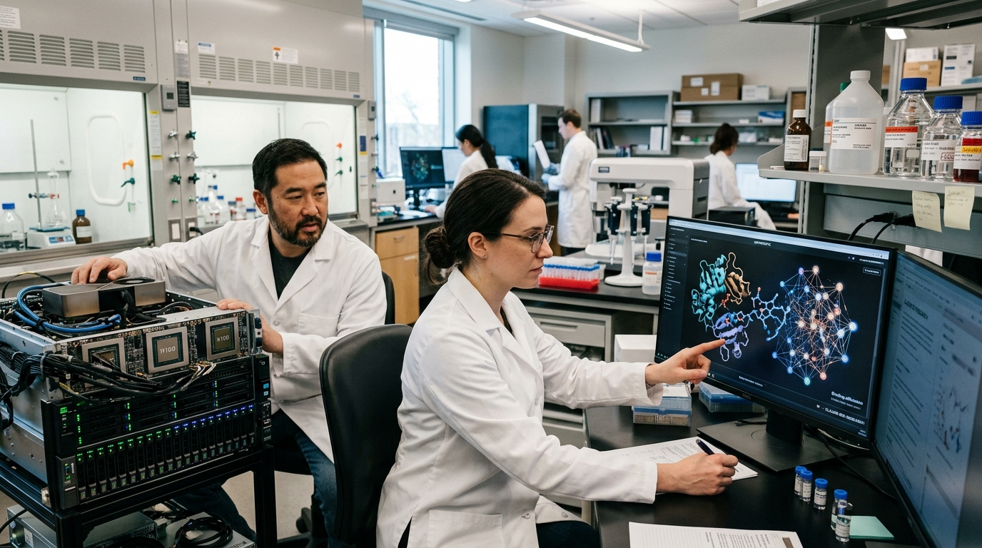 Scientist in a laboratory using Anthropic AI for pharmaceutical drug discovery.