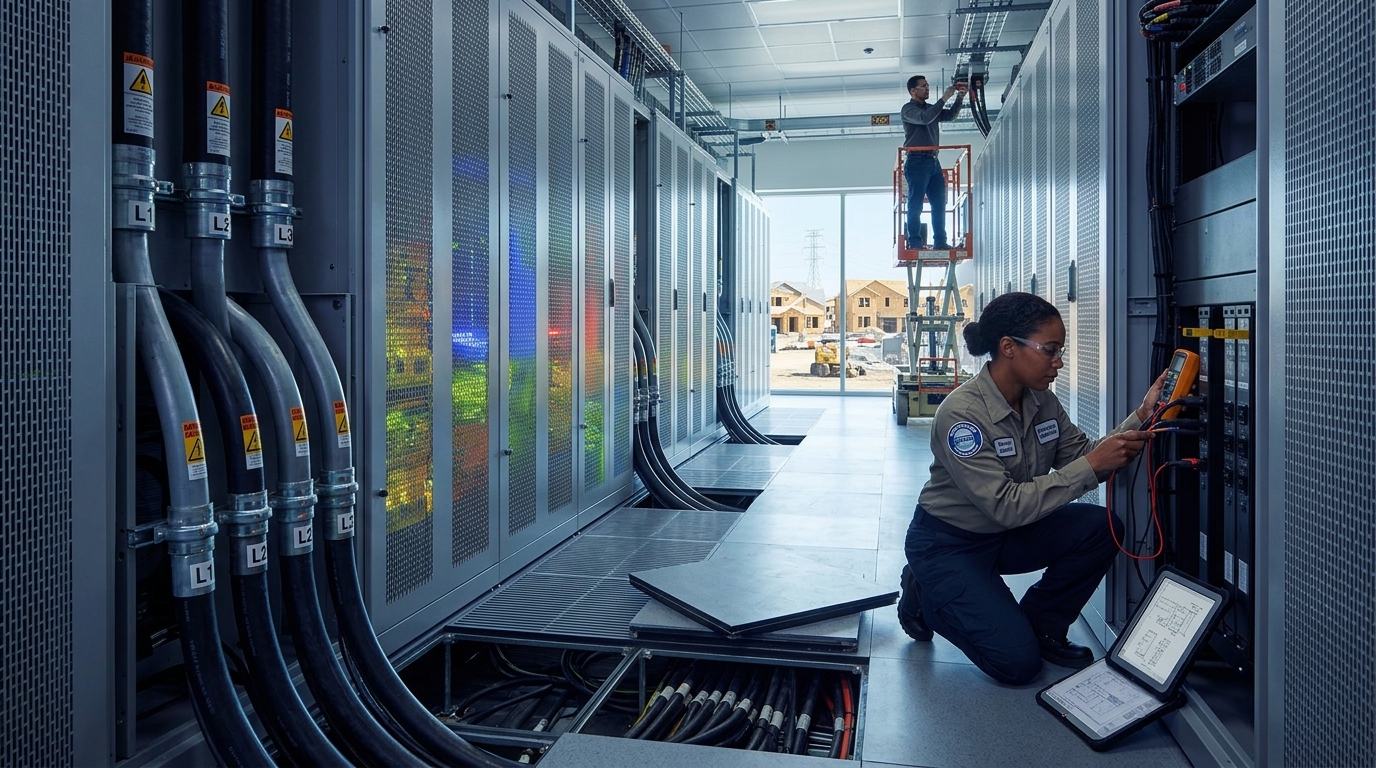 Skilled construction workers at an AI data center site in the US.