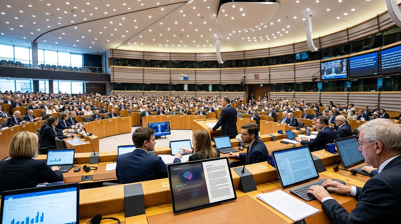 Politician at a podium with digital code representing AI Politics.