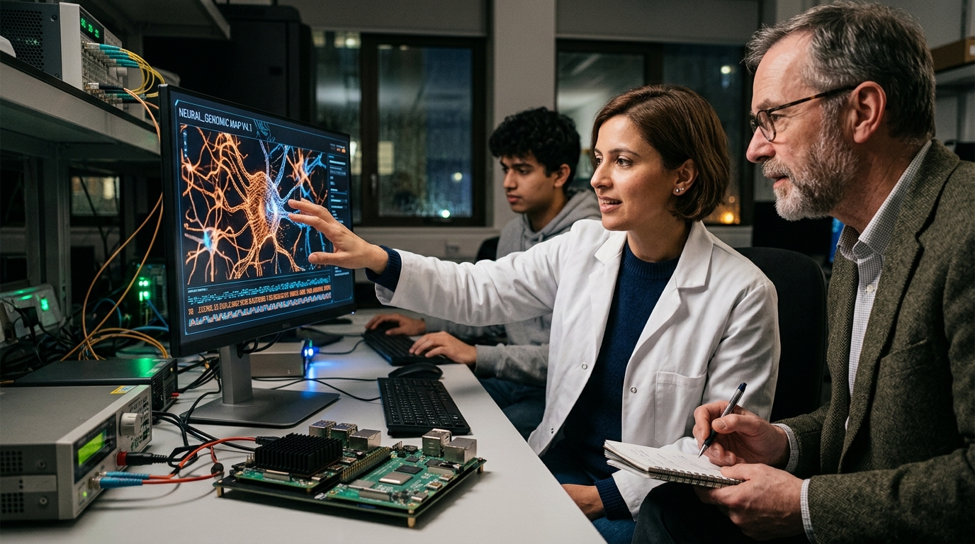 AI-powered laboratory setting illustrating scientific discovery and biological research.
