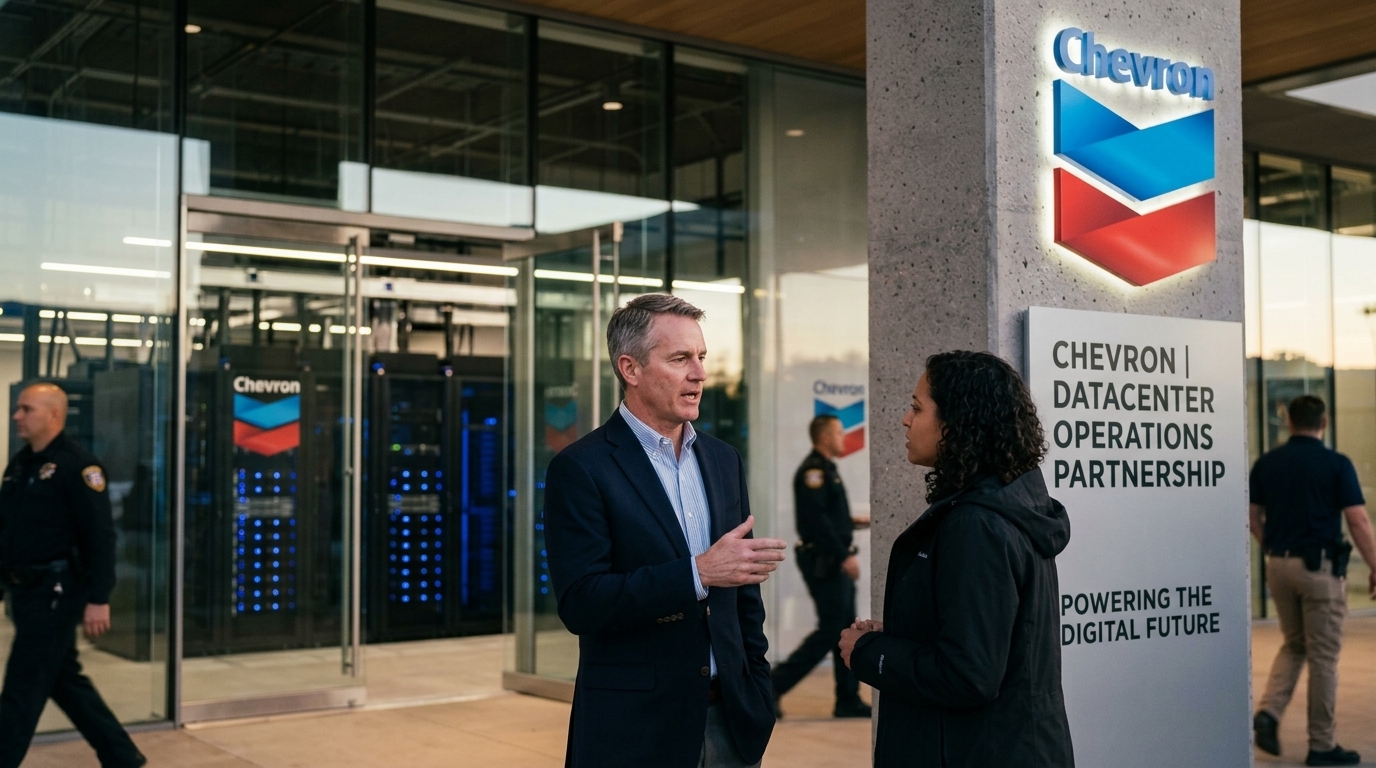 Chevron industrial facility powering a modern AI data center.