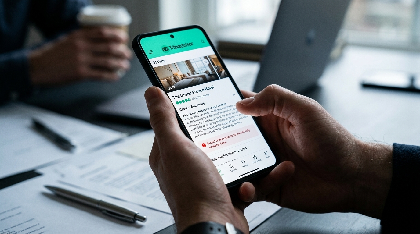 Το λογότυπο του Tripadvisor δίπλα σε κώδικα τεχνητής νοημοσύνης που συμβολίζει την ανάλυση κριτικών.