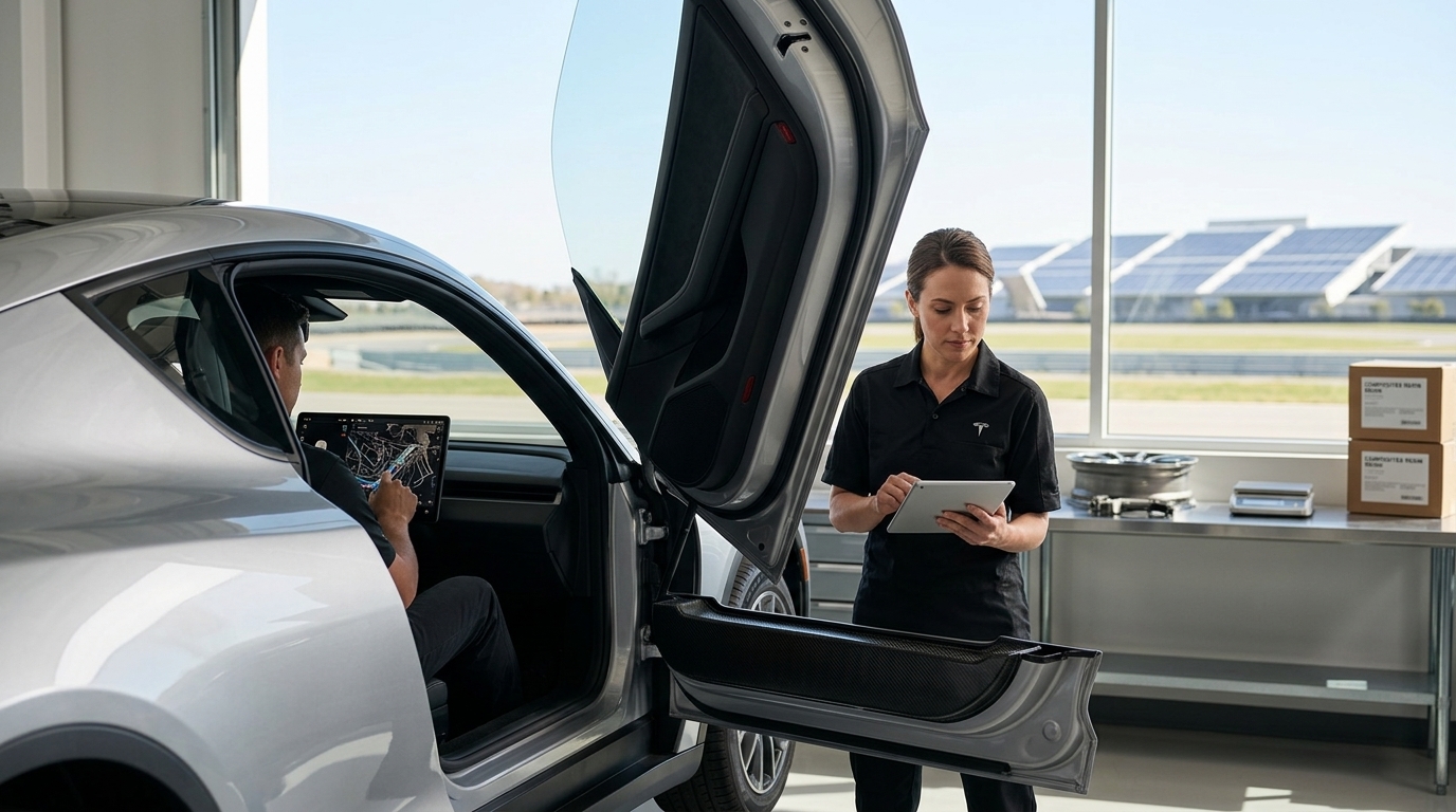 The autonomous Tesla Cybercab on a road, showcasing its aerodynamic and lightweight design.