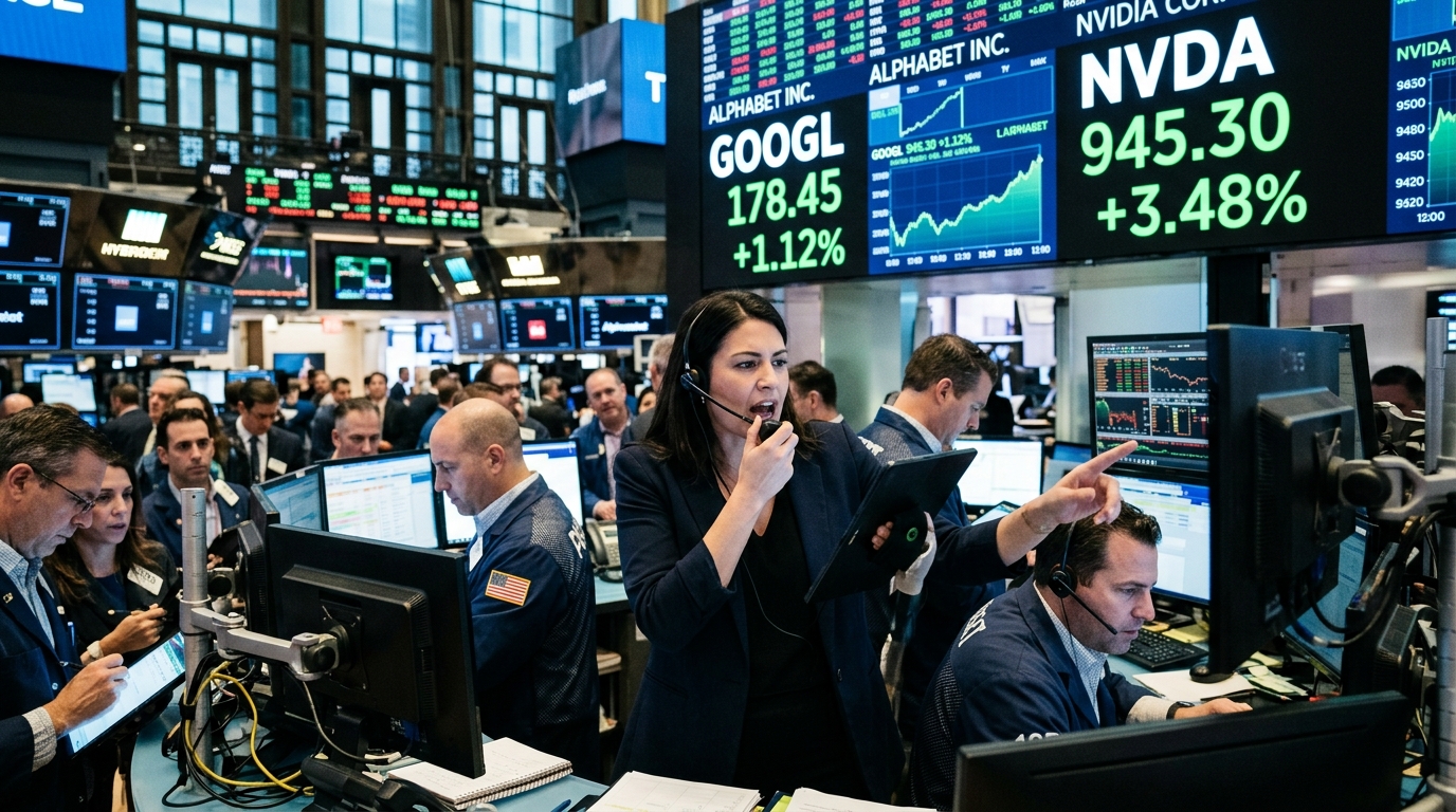 Alphabet AI investment charts and Nvidia semiconductor logo.