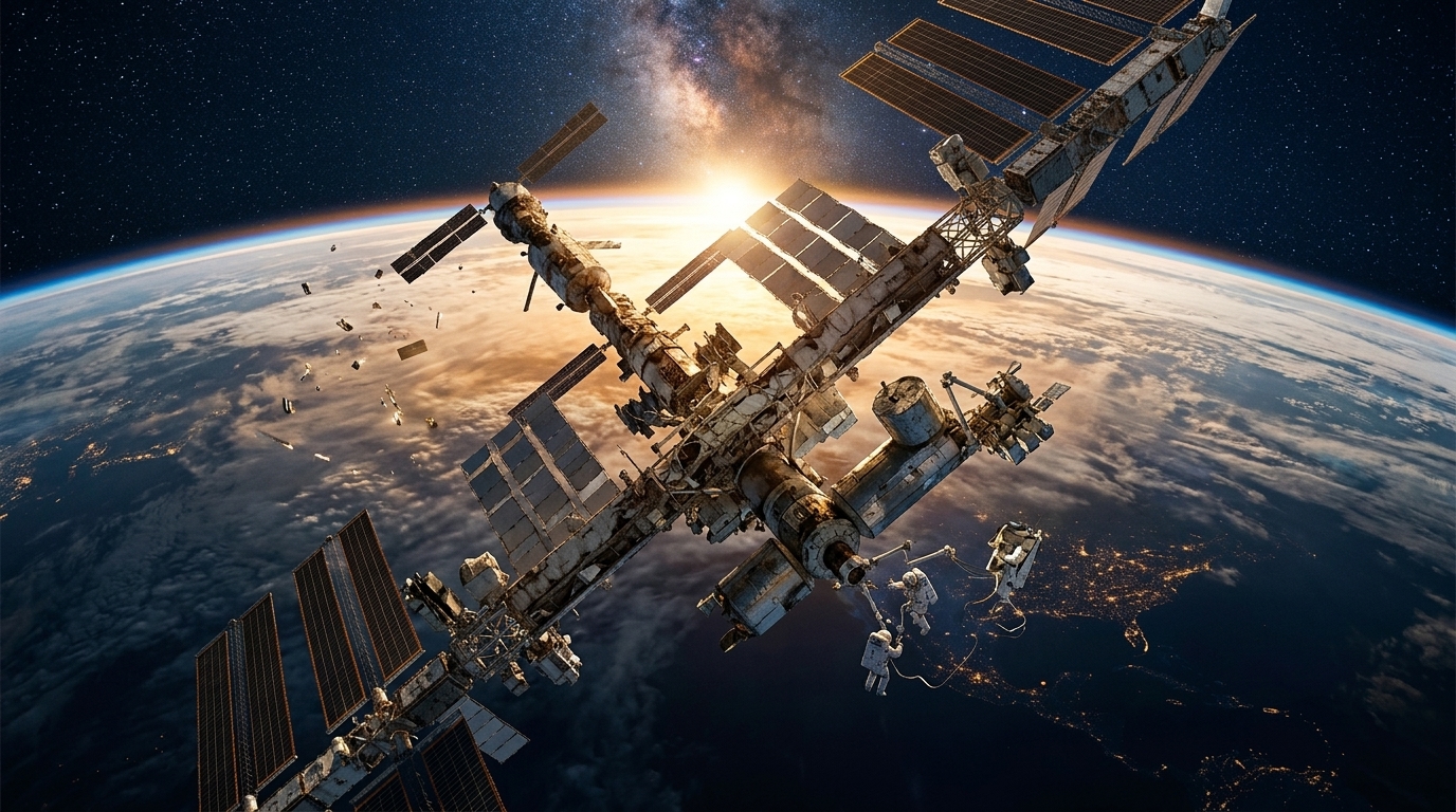 Artist depiction of the International Space Station (ISS) orbiting Earth.
