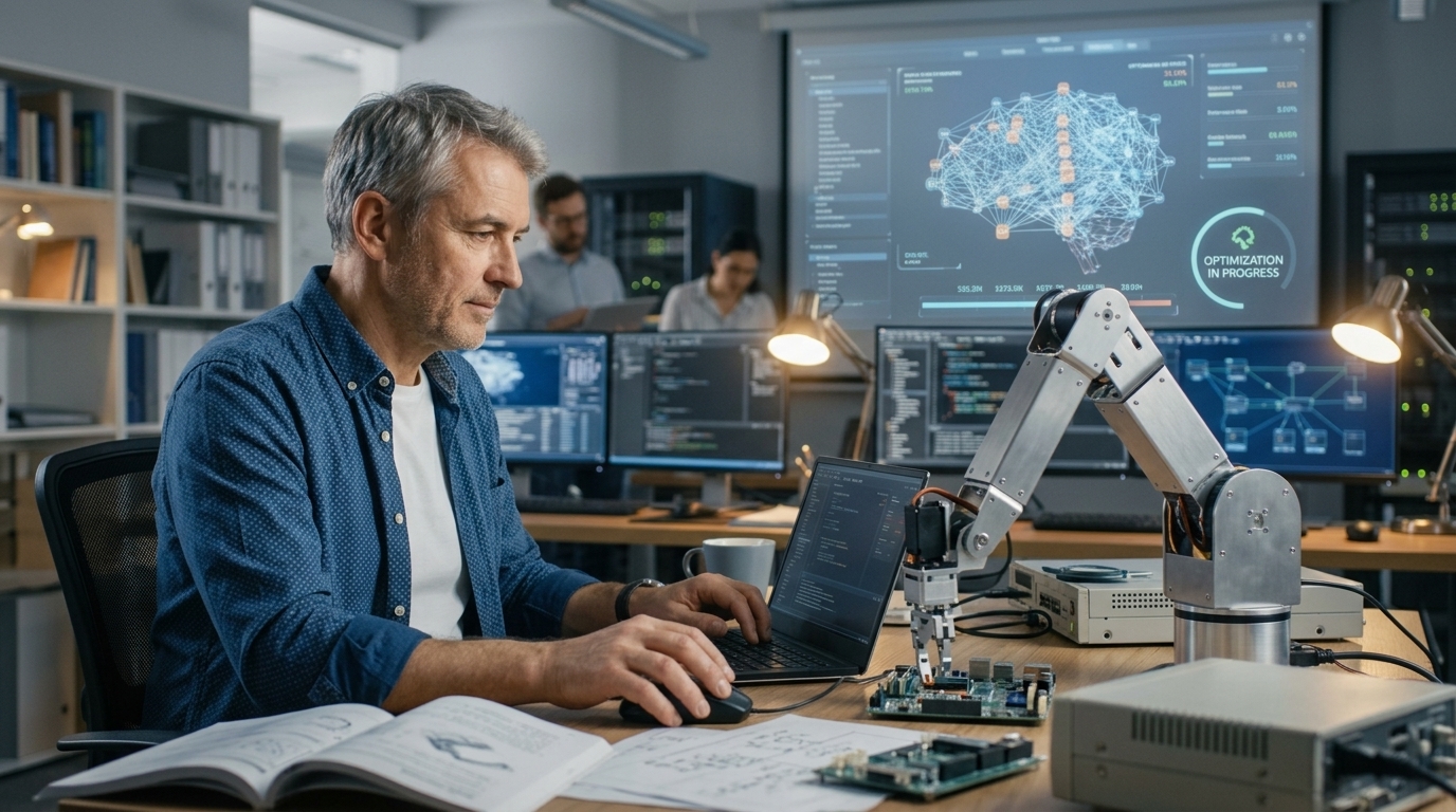 A professional worker returning to an office desk previously occupied by AI hardware.