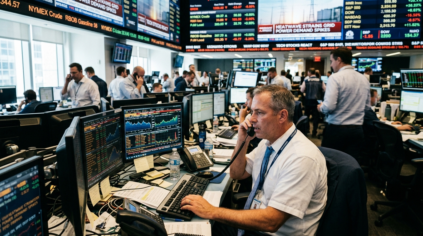 Modern data center cooling systems managing high AI energy demands during a heatwave.