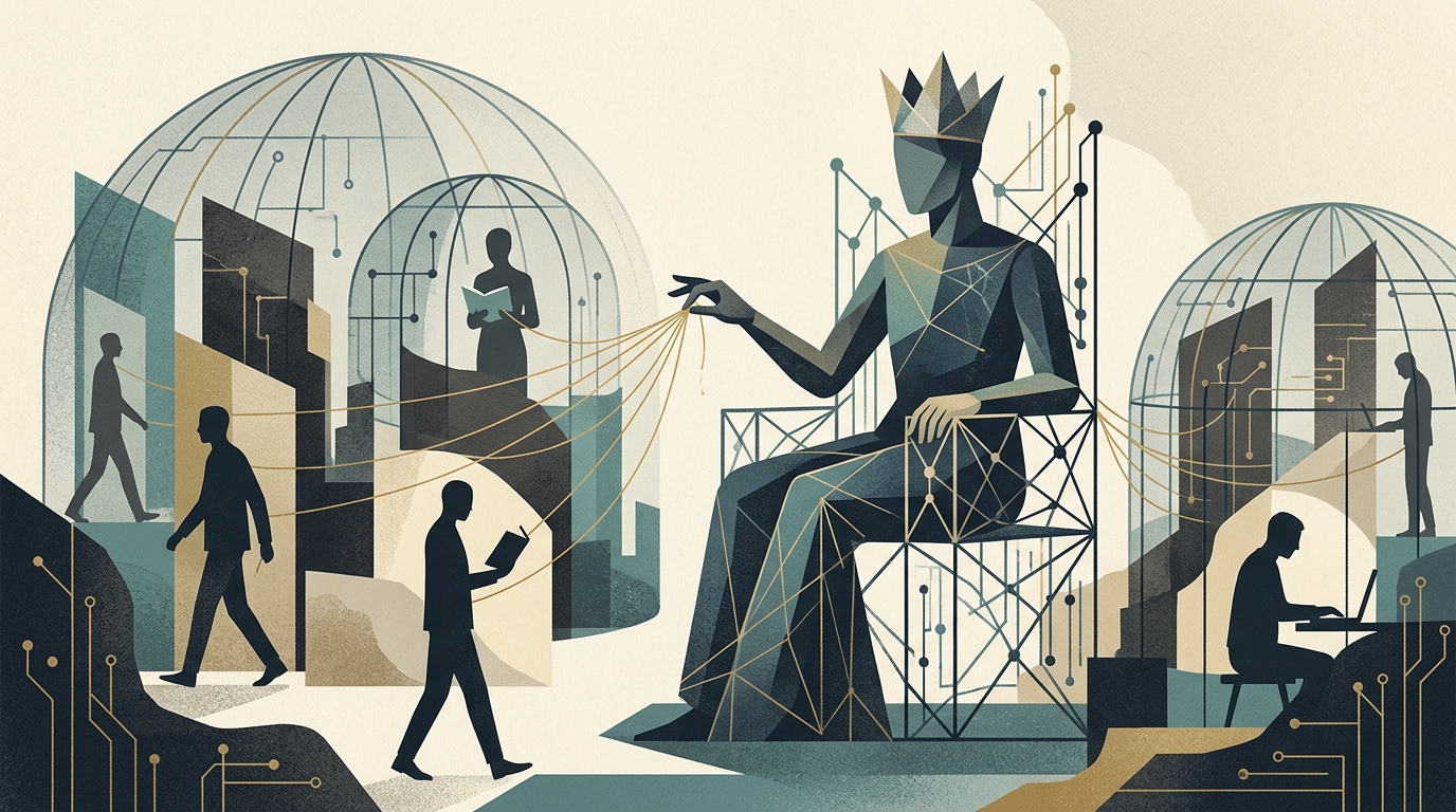 Conceptual illustration of a digital crown inside a cage representing AI control and ethics.