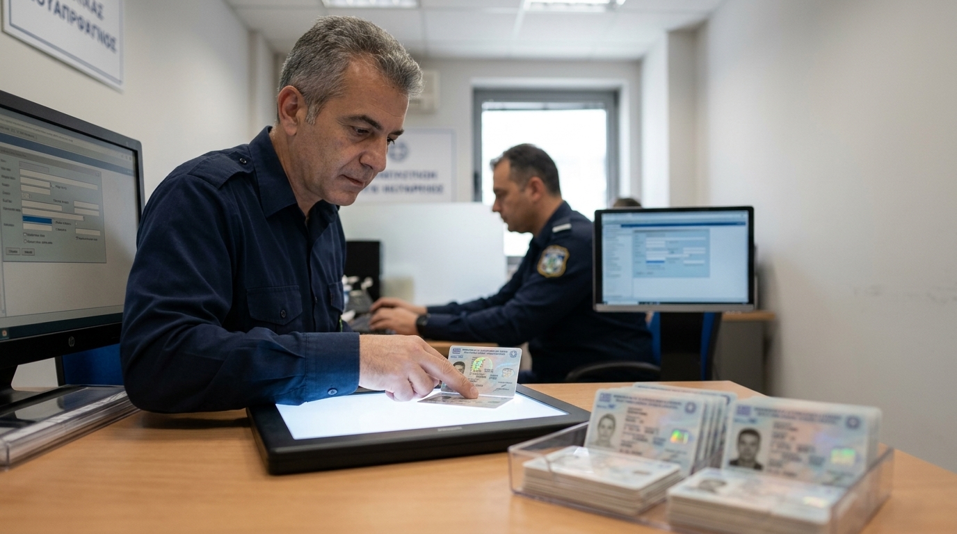 The new Greek ID card with biometric features and enhanced security elements.