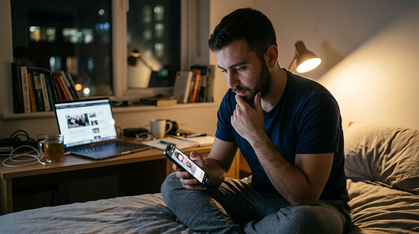 Smartphone displaying AI dating profiles highlighting the challenge of digital authenticity.