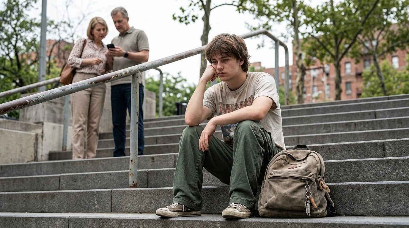 Young adult looking at bills with parents, illustrating Gen Z financial dependence.