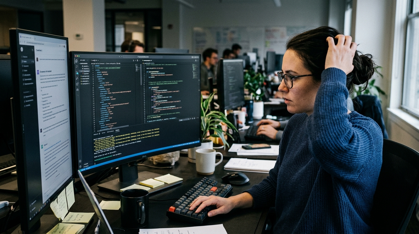 Ψηφιακή αναπαράσταση ενός AI coding agent που αναλύει προβληματικά αρχεία ρυθμίσεων κώδικα.