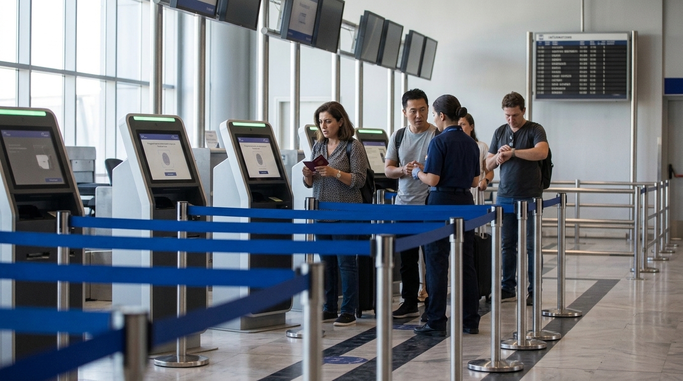 Passengers at a Fraport Greece airport facing the new EU EES system checks.