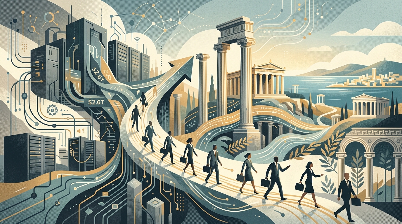 Digital visualization of global AI infrastructure and financial data charts.
