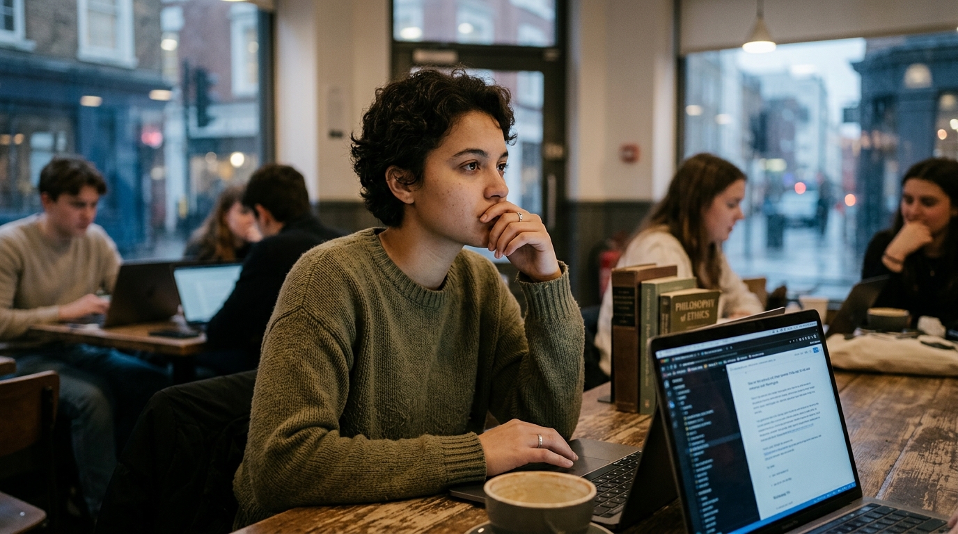 A young person looking at a digital screen representing AI technology