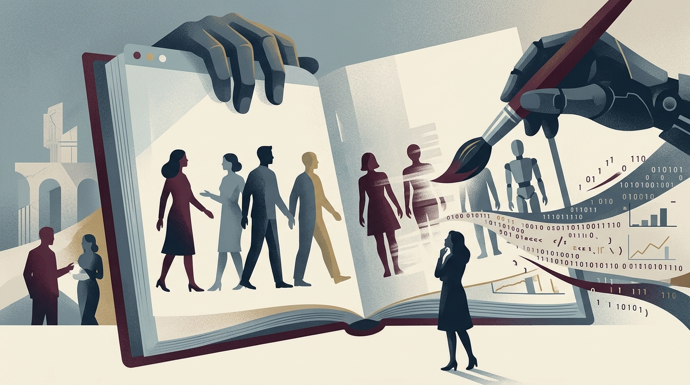 Digital illustration of a woman and code representing gender bias in Artificial Intelligence systems.