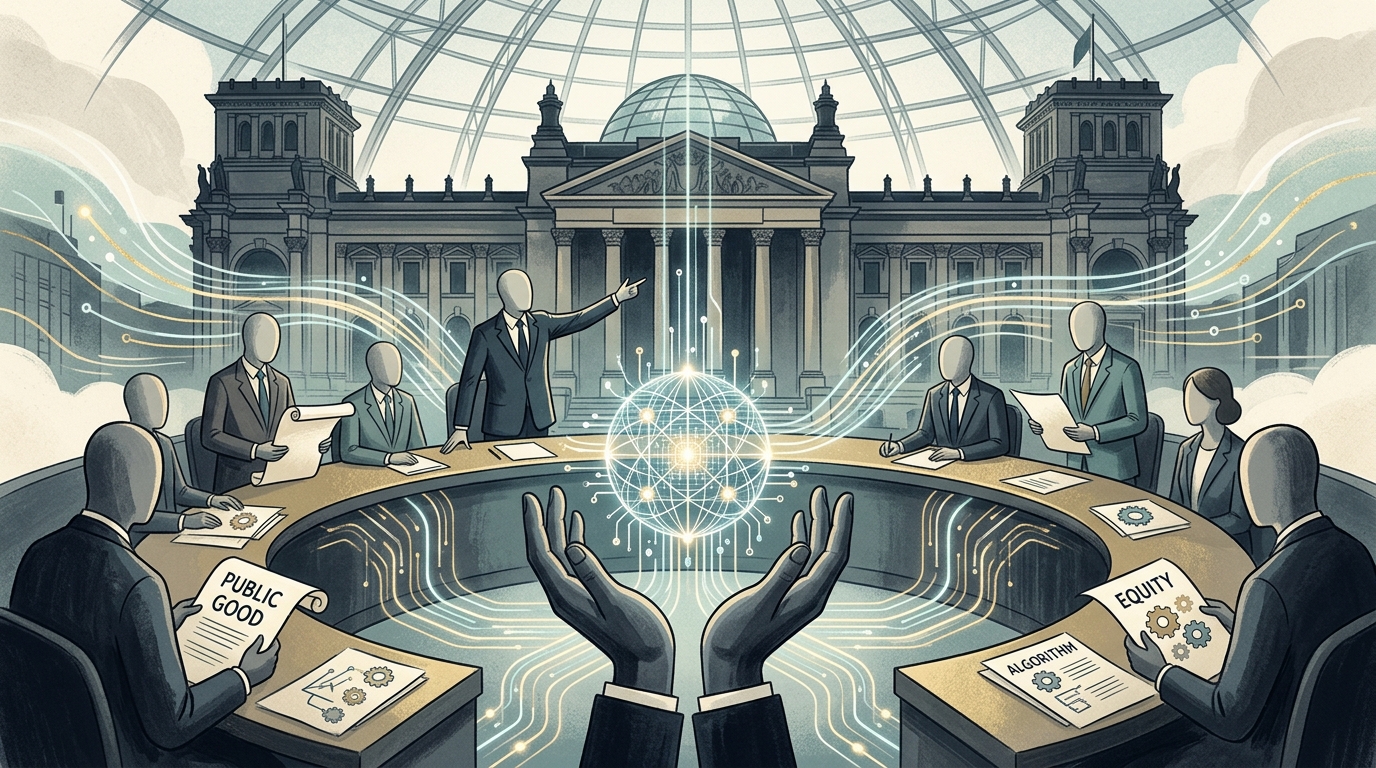 Digital illustration of public infrastructure and AI nodes representing AI nationalization.