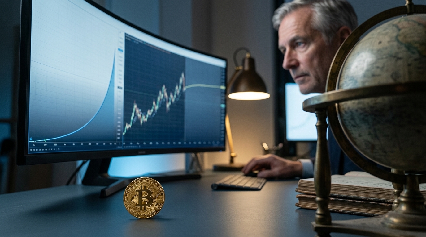 Digital representation of Bitcoin against a backdrop of economic charts.