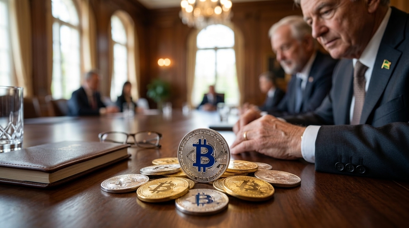 Bitcoin digital coin and international diplomatic symbols.