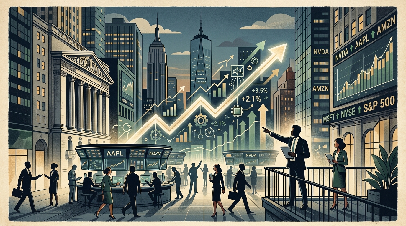 Wall Street stock market display showing rising tech sector indices and AI growth.