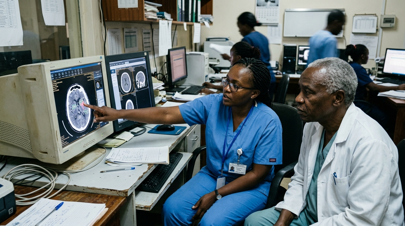 Digital radiology scan with AI analysis illustrating disparities in healthcare access.