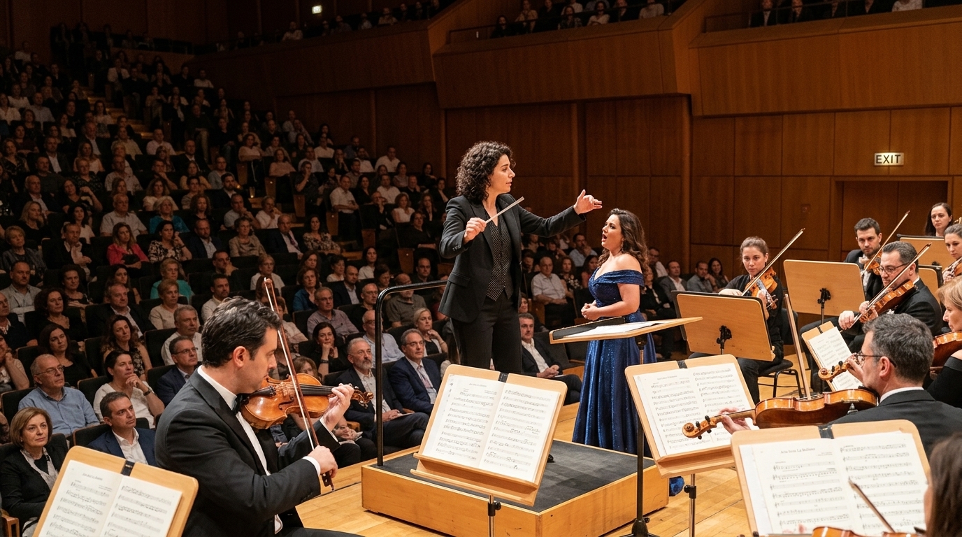 The Athens State Orchestra performing an opera concert at the Megaron.