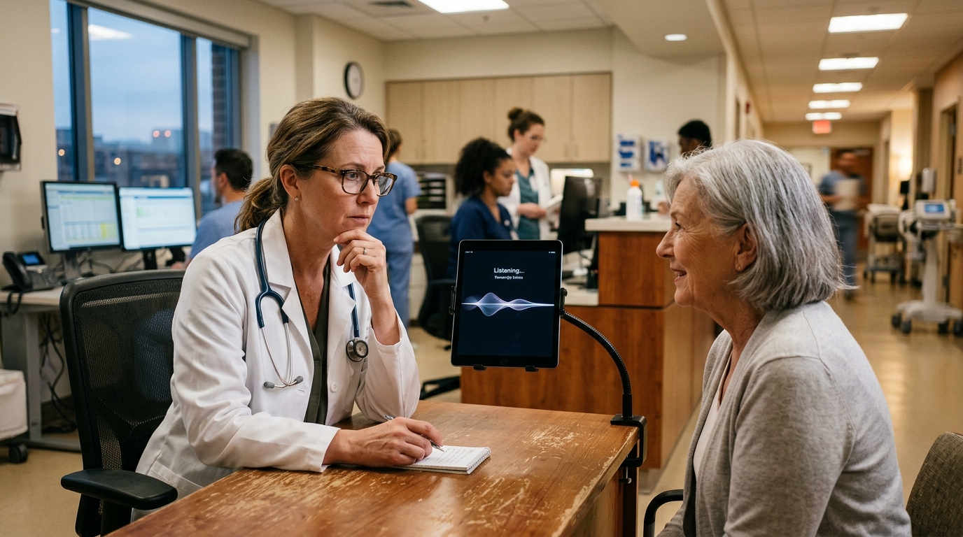 Physician using medical AI tools during a patient consultation.